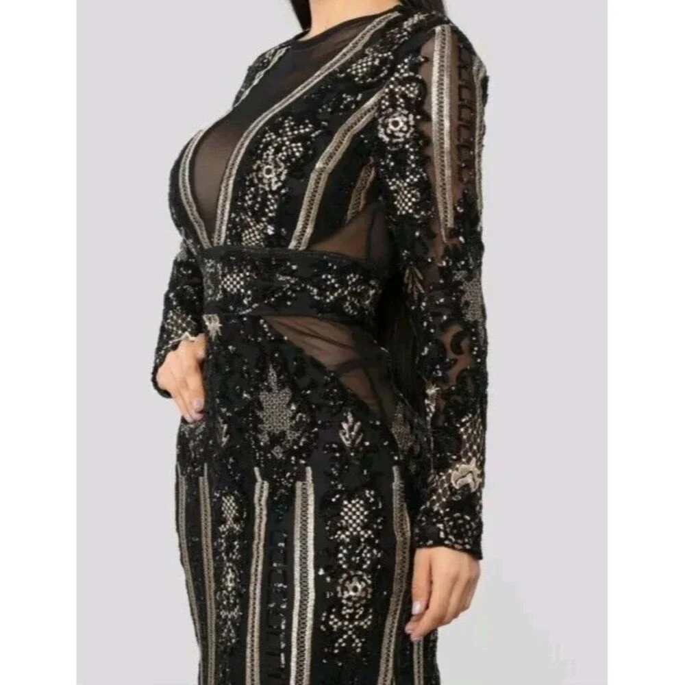 Fashion Nova Dress Black Gold Sequin Floral Embroidered Evening Gown Size Small - Picture 5 of 16